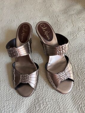 Cole Hahn Gold Metallic Woven Slide Heels